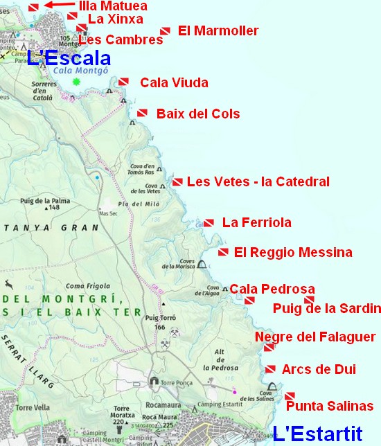 Carte des sites de plongée du Montgri